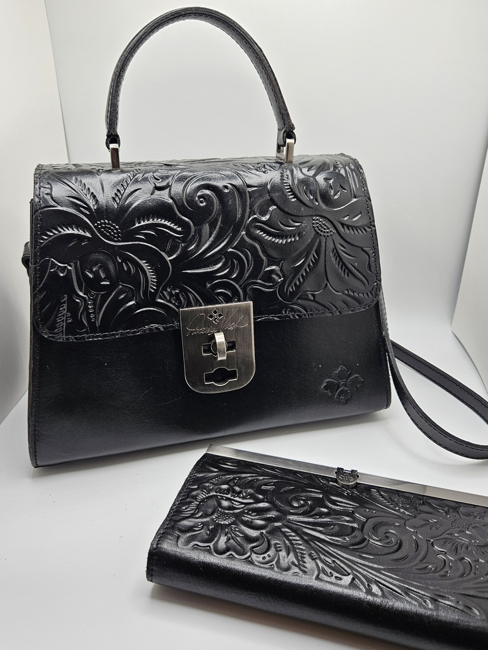 Patricia Nash Black Tooled Embossed Leather Crossbody with Matching Wallet